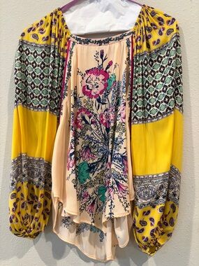 Free People Floral Mixed-Print Peasant Blouse in Yellow, Cream, Pink, Green